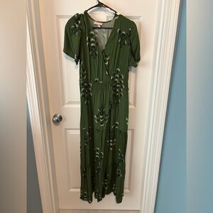 Knox Rose Army Olive Green Black Floral Faux Wrap Maxi Dress Size Large - EUC!